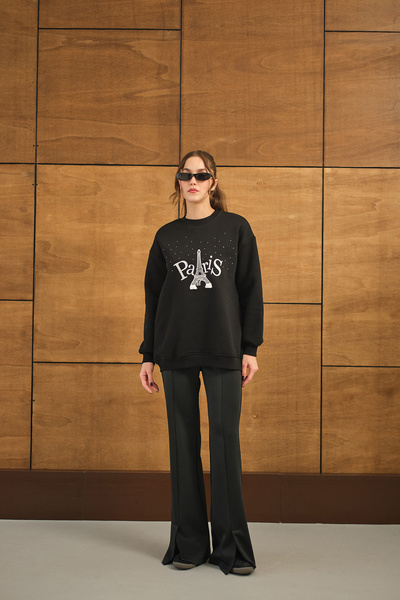 LOCCO Transpirație oversize pentru femei cu broderie neagră și pietre