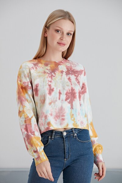 MAMAYAGA Women's Tie-Dye Pattern Crop Boy Yellow Pink Beige Knitwear Sweater