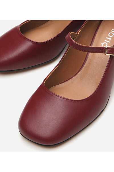 Hotiç Women's Leather Mary Jane Burgundy Thick Heeled Shoes