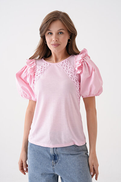 MAMAYAGA Bluză cu mâneci pepene verde cu volan pentru femei, cu decolteu, cu ...