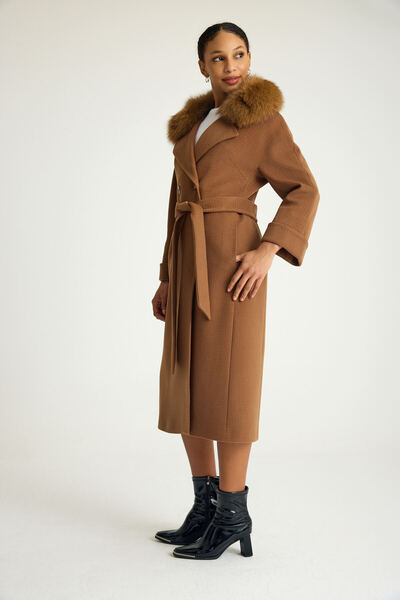 KENT Fur Collar Slim Fit Long Mustard Coat Self Pattern Woven Fabric