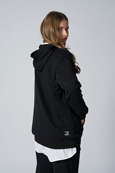 bilcee Black Women's Hooded Kangaroo Pocket Cotton Sports Plain Sweatshirt 8785