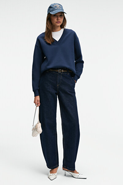 GRIMELANGE Arinel Women's V-Neck Regular Fit Navy Blue Sweatshirt