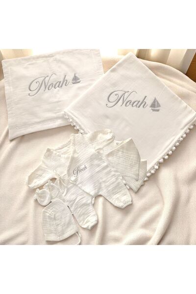 belladuri İsimli Yenidoğan Hastane Çıkışı Seti 4 Kat Müslin Battaniye ve Nakışlı Yastık Kılıfı