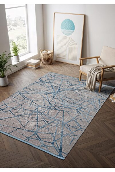 Cotto Home Step SE001M Gri Halı Modern Dekoratif Mavı Çizgili Pamuk Taban Tri...