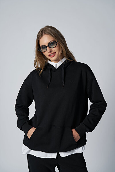 bilcee Black Women's Hooded Kangaroo Pocket Cotton Sports Plain Sweatshirt 8785