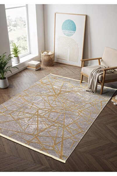 Cotto Home Step SE001S Gri Halı Modern Dekoratif Gold Çizgili Pamuk Taban Tri...