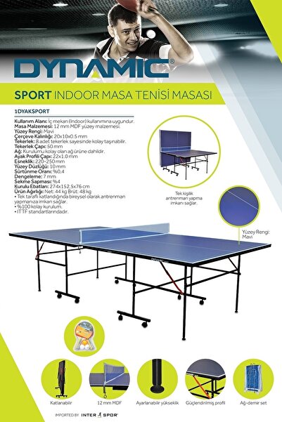 Dynamic Sport Katlanabilir Masa Tenisi Masası + 2 Raket + 3 Top + Ağdemir Set