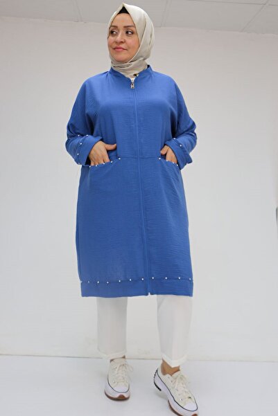 Eslina F-53016 Plus Size Elastic Sleeve Stone Printed Linen Tunic - Indigo