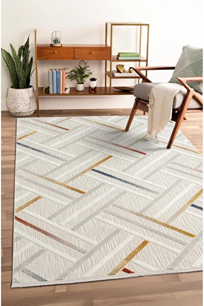 Cotto Home Tablo TL003A Krem Halı Çizgili Desen Antialerjik Pamuk Taban Yıkan...