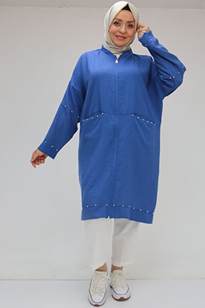 Eslina F-53016 Plus Size Elastic Sleeve Stone Printed Linen Tunic - Indigo