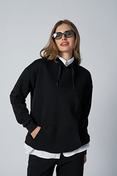 bilcee Black Women's Hooded Kangaroo Pocket Cotton Sports Plain Sweatshirt 8785