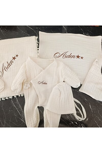 belladuri 6 Parça Ekru Müslin Hastane Çıkışı – İsme Özel Nakışlı Bebek Seti