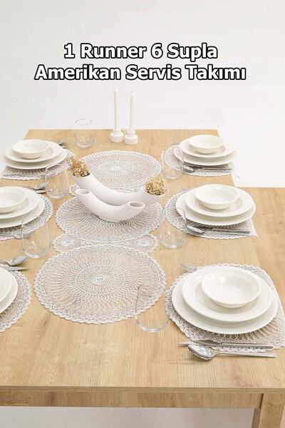 Çt Çeyizci Tekstil 1 Runner 6 Supla American Coffee Food Serving Set - Table Cloth and Presentation Set