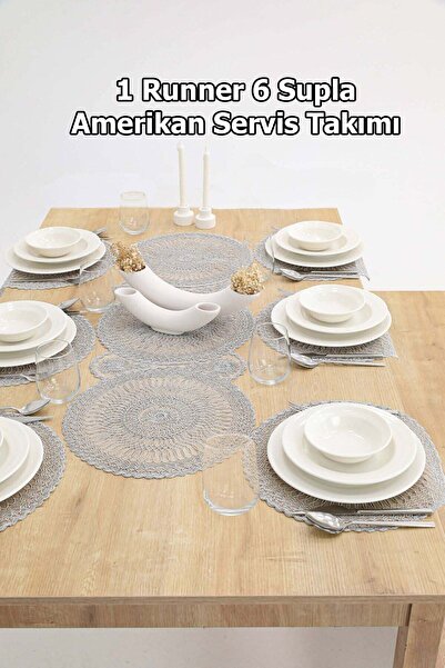 Çt Çeyizci Tekstil 1 Runner 6 Supla American Coffee Food Serving Set - Table Cloth and Presentation Set