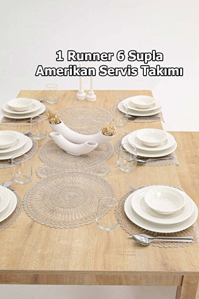Çt Çeyizci Tekstil 1 Runner 6 Supla American Coffee Food Serving Set - Table Cloth and Presentation Set