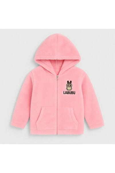 Uğur bebe Labubu Patterned Girls' Wellsoft Plush Hooded Cardigan with Pockets – Soft and Warm