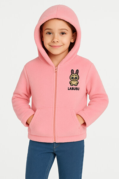 Uğur bebe Labubu Patterned Girls' Wellsoft Plush Hooded Cardigan with Pockets – Soft and Warm