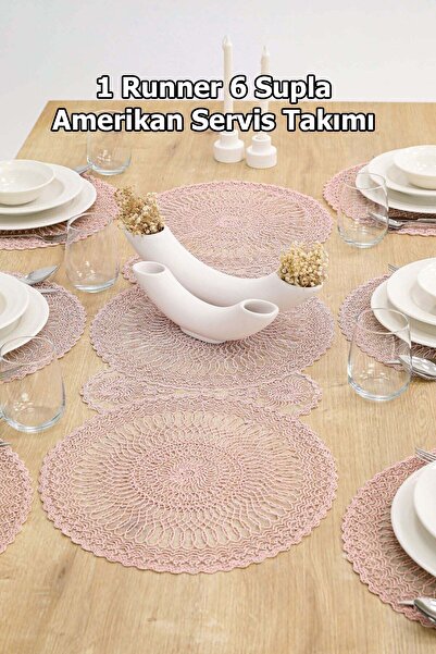 Çt Çeyizci Tekstil 1 Runner 6 Supla American Coffee Food Serving Set - Table Cloth and Presentation Set