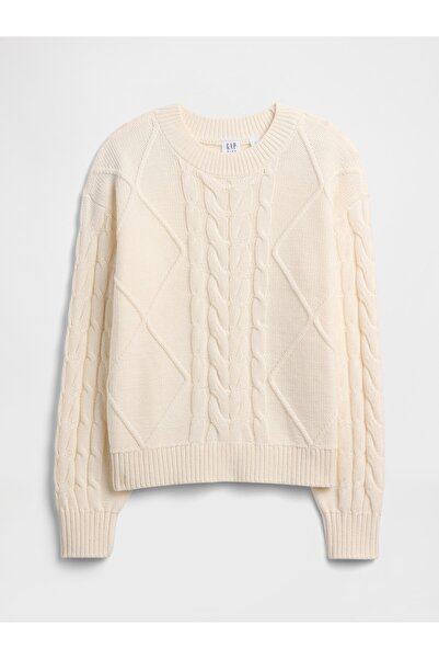 GAP Kız Çocuk Kırık Beyaz Kids Relaxed Cable Örgü Kazak