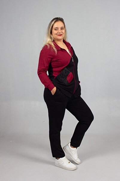 Truva XXL Stone Detailed Elegance! Plus Size Tracksuit Set Black & Burgundy