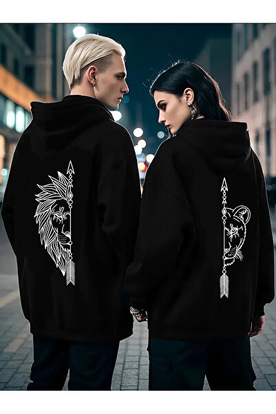 cc collection Hanorac unisex cu glugă, cu imprimeu cu doi lei îndrăgostiți, p...