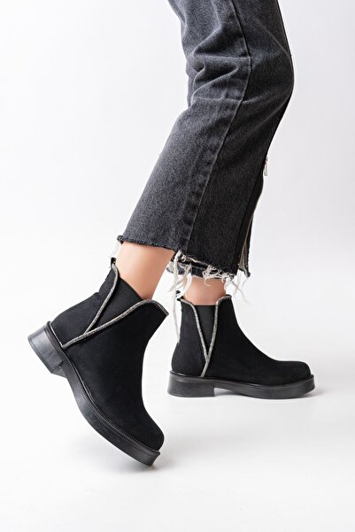 Rainon Store Where Elegance Meets Comfort: Stone Detailed Elastic Casual Women's Boots – Black Suede Color Sparkle