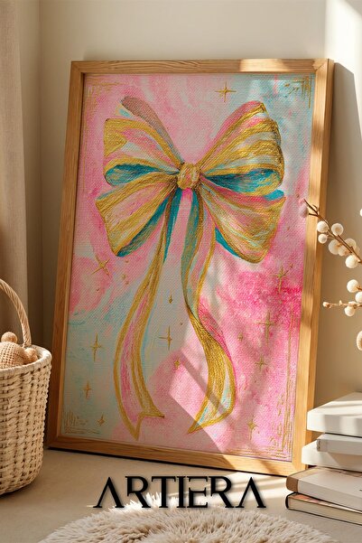 Artiera Prenses Rüyası Pembe Altın Fiyonk Kurdele Kız Çocuk Odası Ahşap Tablo