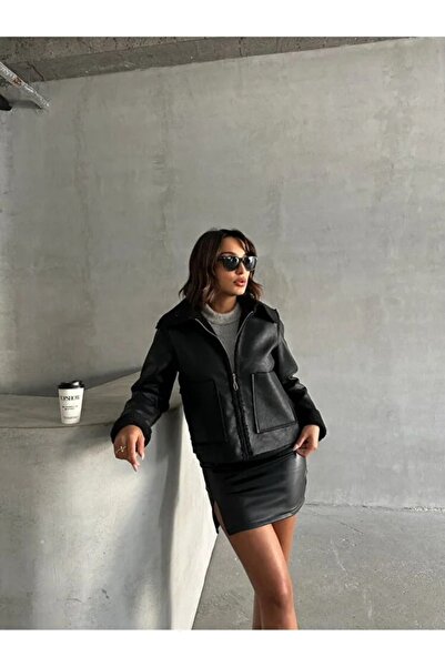 Hazinedan Women's Laminated Leather Black Zippered Fur Collar Coat