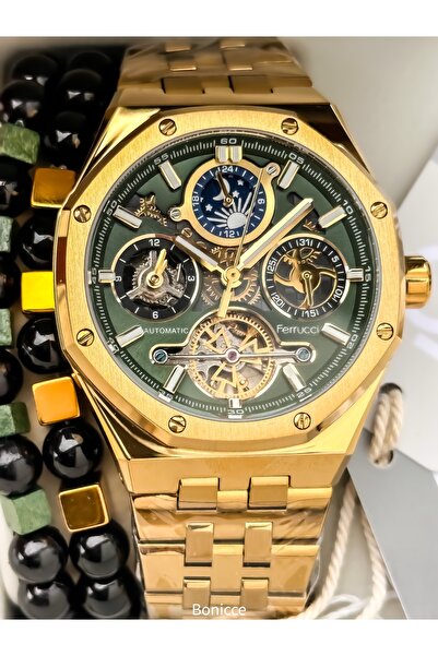 Ferrucci Çelik Kordon Altın Sarısı - Yeşil Kadran Otomatik Mekanizma Erkek Kol Saati