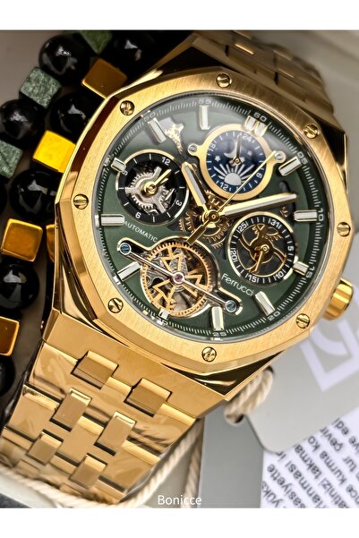 Ferrucci Çelik Kordon Altın Sarısı - Yeşil Kadran Otomatik Mekanizma Erkek Kol Saati