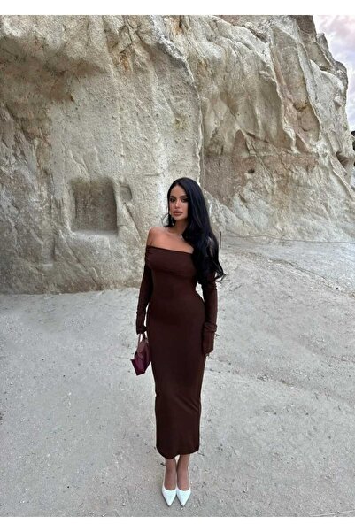 albaroda Γυναικείο φόρεμα από πολυαμίδιο με καφέ γιακά Madonna