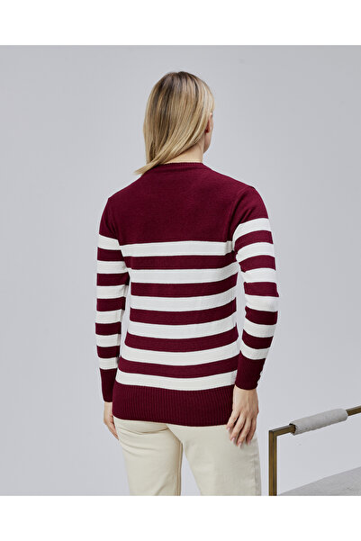Jinx Wear Fashion Striped Wool Women's Trendy Knitwear Sweater with Collar and Cuff Button Detail