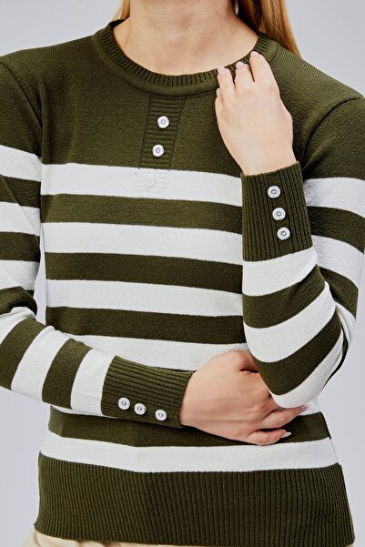 Jinx Wear Fashion Striped Wool Women's Trendy Knitwear Sweater with Collar and Cuff Button Detail