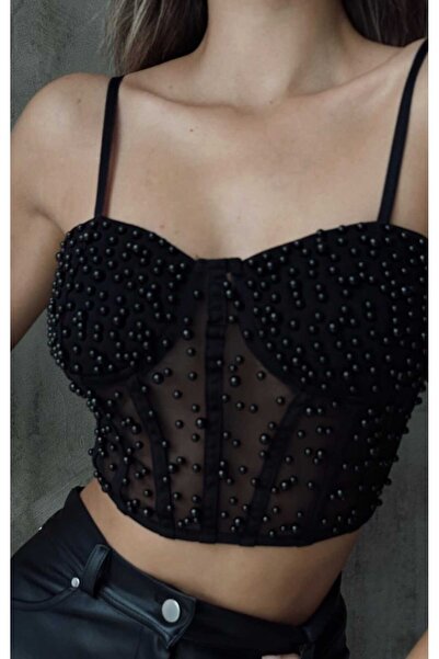 Dmd Siyah boncuk işlemeli kotse görünümlü crop