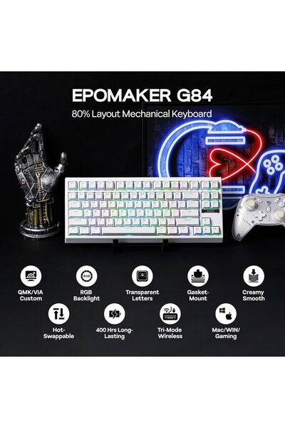 Epomaker G84 80% RGB Gaming Mechanical Keyboard (White, Creamy Jade Switch)