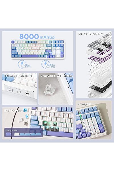 Epomaker x AULA F99 Wireless Mechanical Keyboard (White Light Blue, Graywood V3)