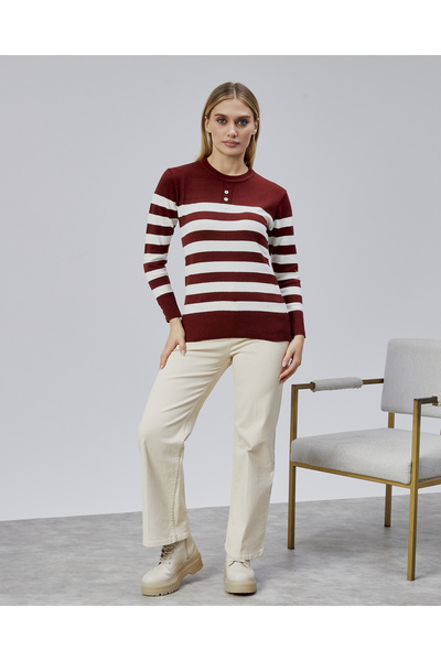 Jinx Wear Fashion Striped Wool Women's Trendy Knitwear Sweater with Collar and Cuff Button Detail