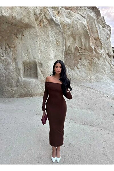 albaroda Γυναικείο φόρεμα από πολυαμίδιο με καφέ γιακά Madonna