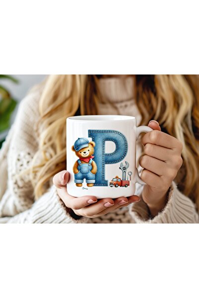 Beramussa كوب على شكل حرف P مع شكل دمية الدب - تصميم حروف الأبجدية بنمط الدني...