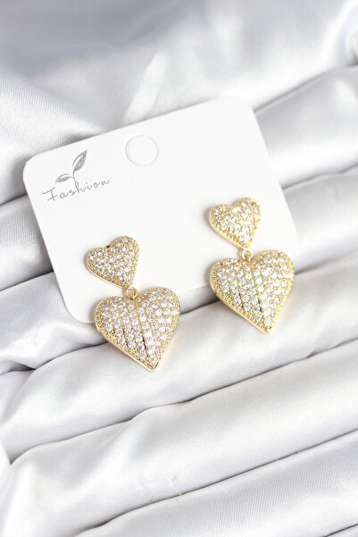 Mustran Heart Model Zircon Stone Gold Color Brass Women's Earrings