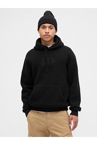GAP Erkek Siyah Relaxed Logo Sherpa Knit Sweatshirt