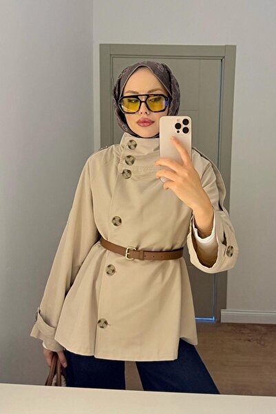 HAZA MODA Dik Yaka Trenç Bej
