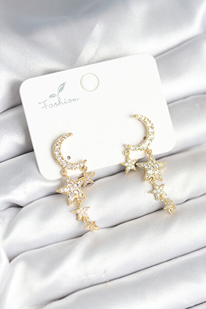 Mustran Moon and Star Model Gold Color Brass Women's Earrings
