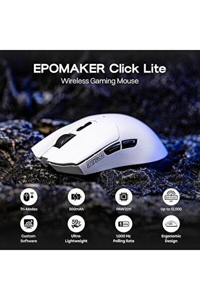 Epomaker Click Lite Wireless Gaming Mouse, 800–12,000 DPI, PAW3311, 500mAh, 59g, Tri-mode (White)