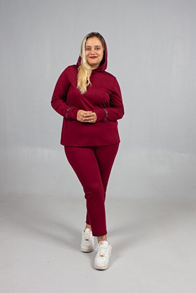 Truva XXL Burgundy Stone Sparkle Hooded Plus Size Tracksuit Set