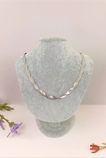 IHLAMUR Gümüş Renkli Örgü Model İtalyan Ezme Çelik Zincir Kolye