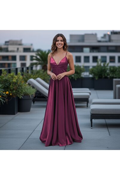 Milon Moda Saten Yirtmaçlı Arkasi ipli Abiye Elbise