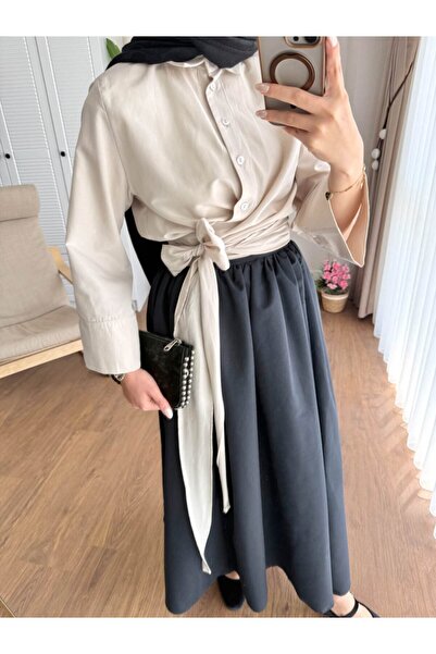 RFK Butik Women's Waist-Tie Belted Skirt Top Shirt - Beige