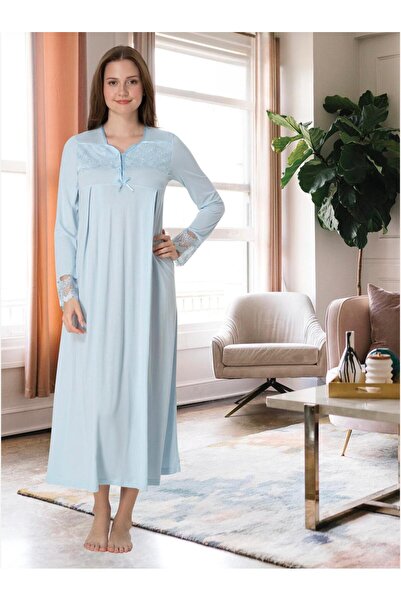 Lohusa Homewear Ženska plava Čipka detaljna noćna haljina za trudnice dugih r...